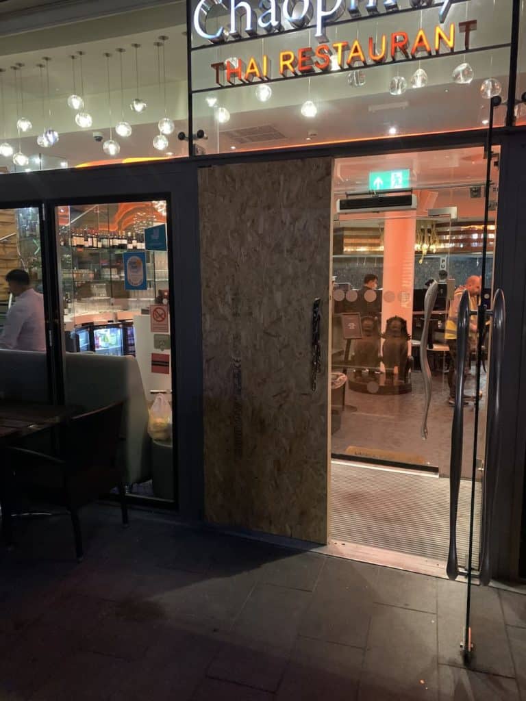 Emergency Glass Door Boarding up thai restaurant in Birmingham
